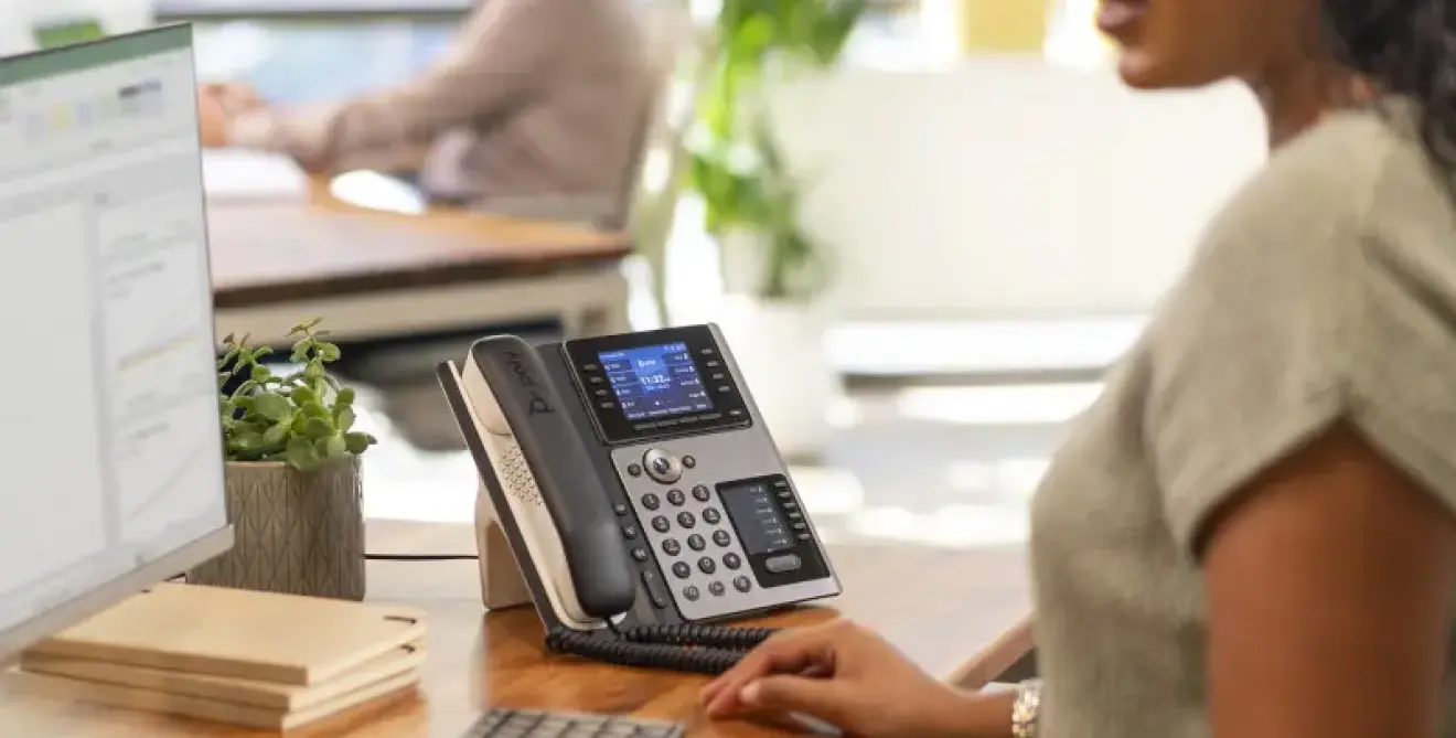 Poly Edge E450 Series Ip Deskphone Grey Office In Call Female Lifestyle 2 Sup M2805706