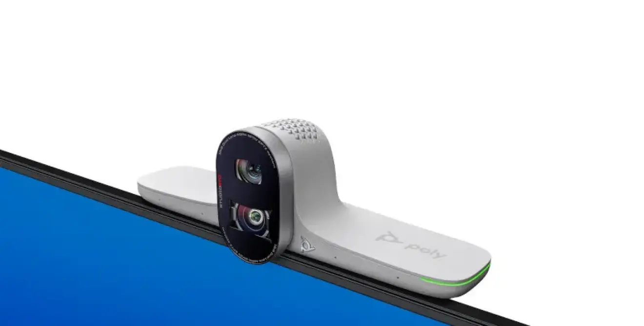 Poly Studio E70 Black Smart Camera Above Monitor Left Facing M1755500